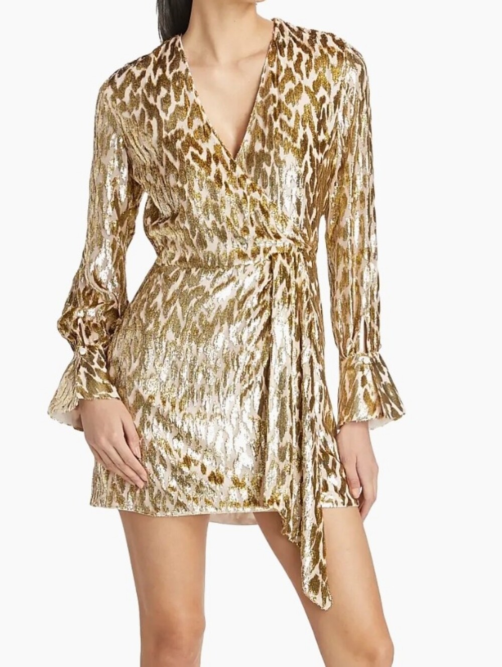 NWT SIMKHAI Camryn Long Sleeve  Metallic Gold Silk Wrap Mini Dress Sz 2 Party